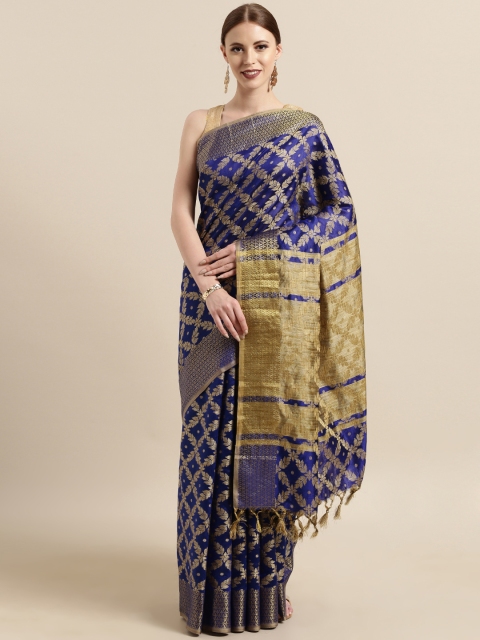 

Satrani Navy Blue & Beige Silk Blend Woven Design Kanjeevaram Saree
