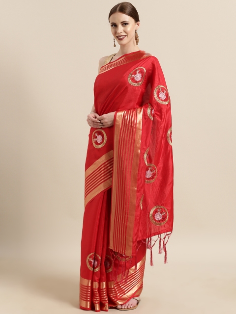 

Satrani Red & Gold-Toned Art Silk Embroidered Saree