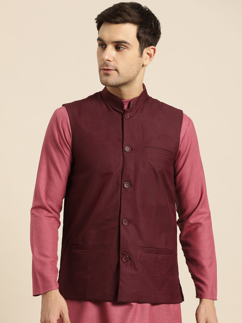 

SOJANYA Men Burgundy Solid Nehru Jacket