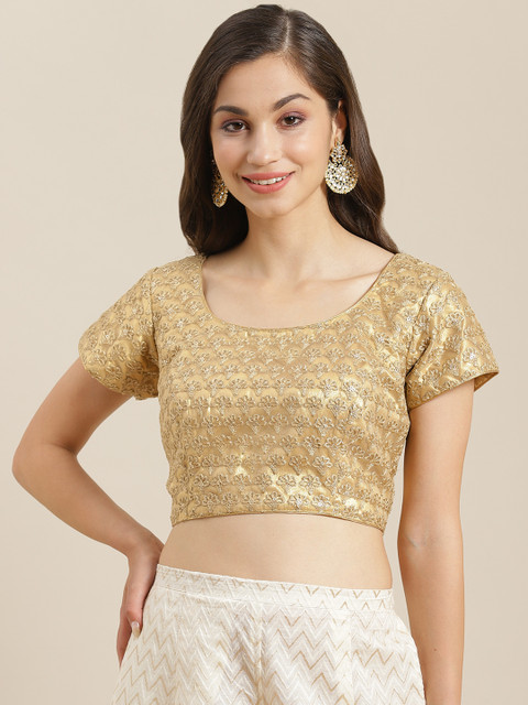 

Studio Shringaar Women Golden Embroidered Non Padded Saree Blouse, Gold