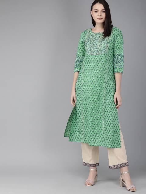 

Rain & Rainbow Women Green & Blue Screen Printed Straight Kurta With Embellishment