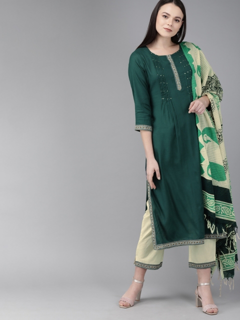 

Rain & Rainbow Women Green & Beige Solid Kurta with Trousers & Dupatta