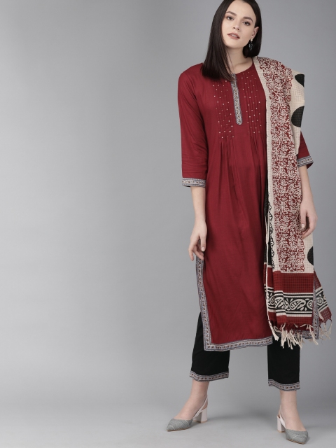 

Rain & Rainbow Women Maroon & Black Solid Kurta with Trousers & Dupatta