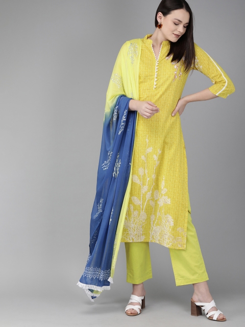 

Rain & Rainbow Women Yellow & Blue Printed Kurta with Palazzos & Dupatta