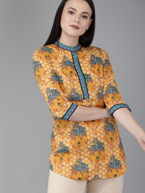 

Rain & Rainbow Women Mustard Yellow & Blue Printed Straight Kurti