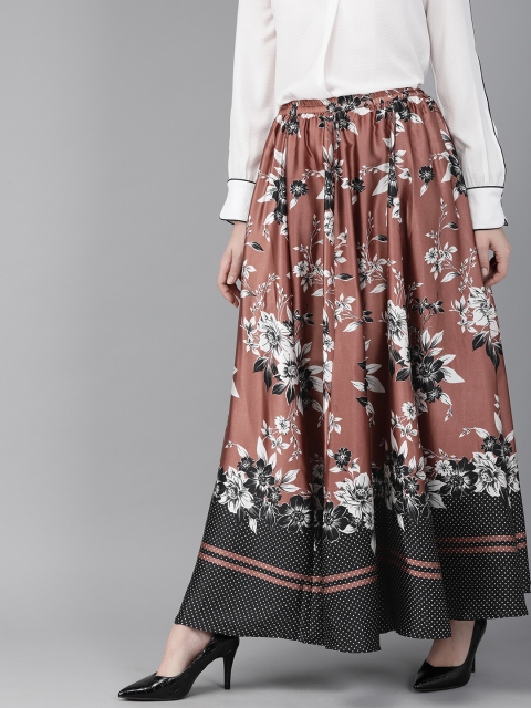 

Rain & Rainbow Women Brown & Black Printed Maxi Flared Skirt