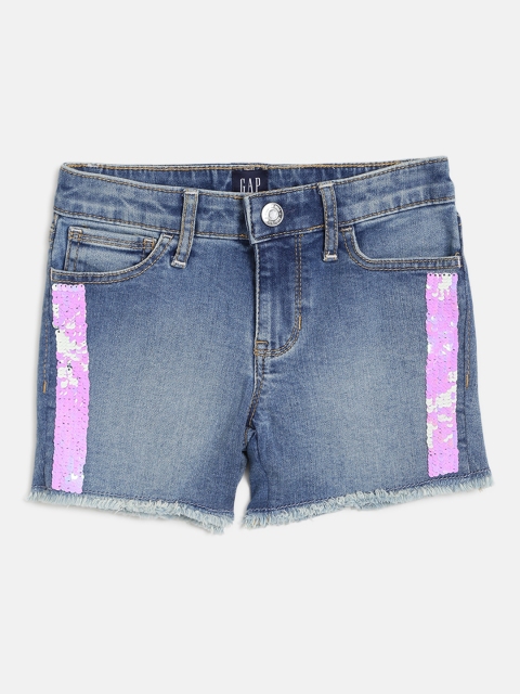 

GAP Girls Blue Washed Regular Fit Denim Shorts with Flip Sequin Detail