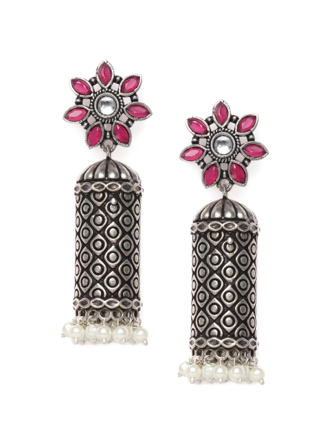 

Alamod Silver-Plated & Pink Oxidised Studded Jhumkas