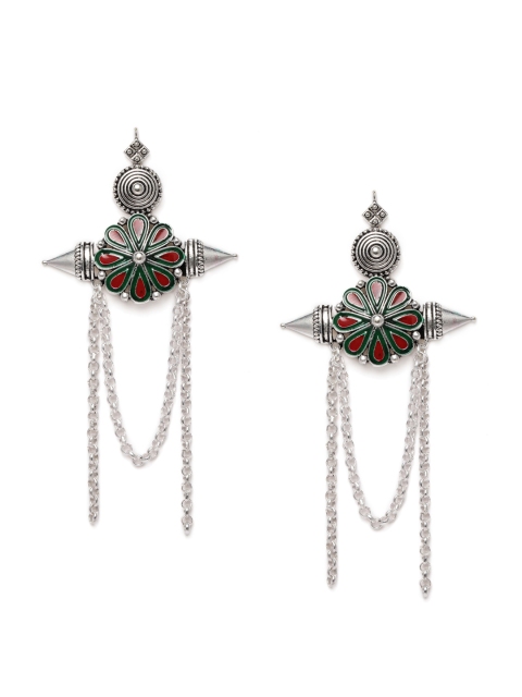 

Alamod Silver-Plated & Green Enamelled Floral Drop Earrings