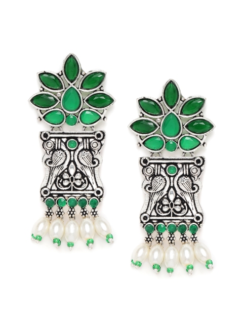 

Alamod Silver-Plated & Green Floral Oxidised Drop Earrings
