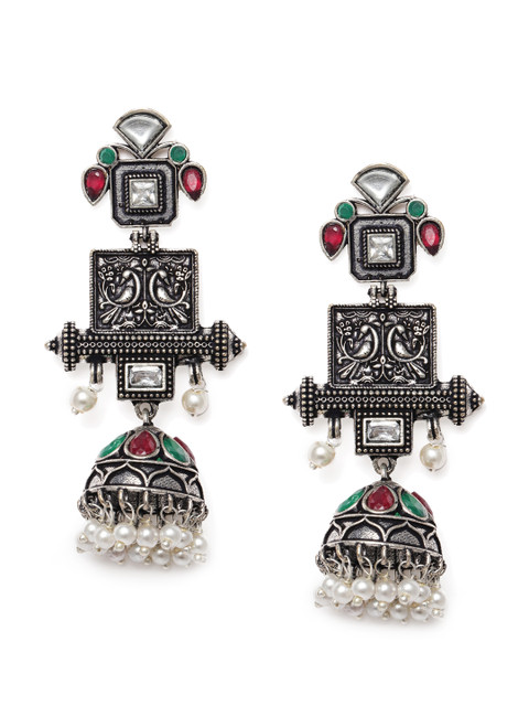 

Alamod Silver-Plated & Green Oxidised Kundan Studded Dome Shaped Jhumkas