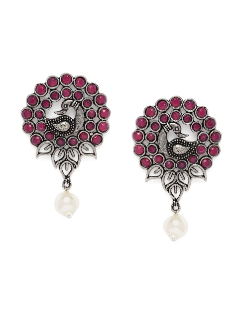 

Alamod Silver-Plated & Pink Peacock Shaped Oxidised Drop Earrings