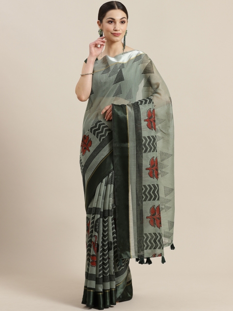 

SUTRAM Olive Green & Red Printed Saree