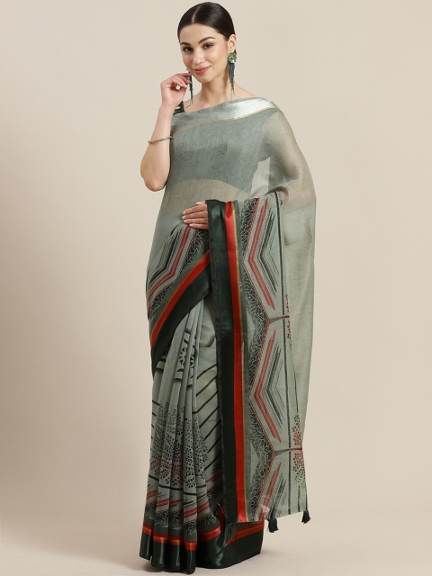 

SUTRAM Olive Green & Red Printed Saree