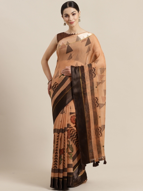 

SUTRAM Peach-Coloured & Brown Printed Saree