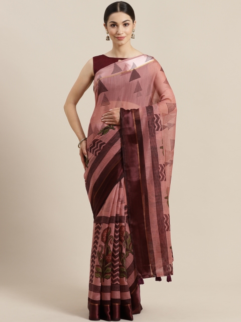 

SUTRAM Pink & Burgundy Printed Saree