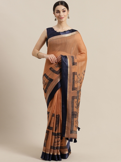 

SUTRAM Orange & Navy Blue Printed Saree