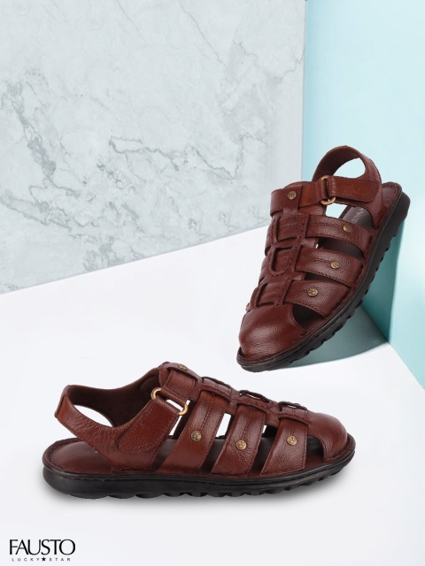 

FAUSTO Men Brown Lightweight Leather Fisherman Sandals