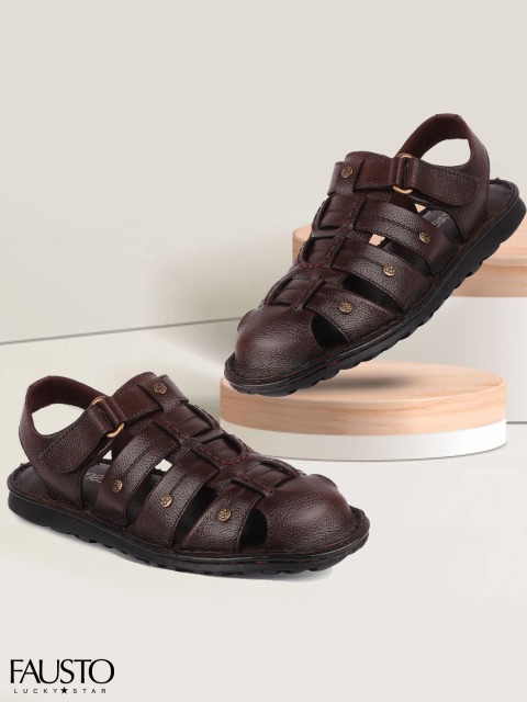 

FAUSTO Men Brown Lightweight Leather Fisherman Sandals