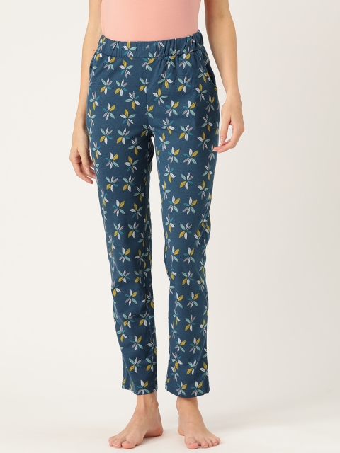 

Sweet Dreams Women Teal Blue & Mustard Yellow Cotton Floral Print Lounge Pants