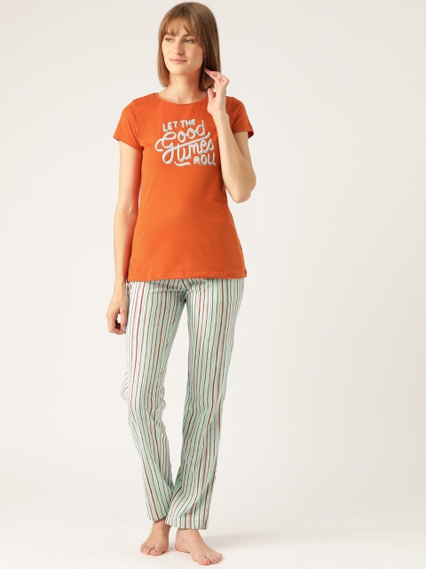 

Sweet Dreams Women Rust Orange & Sea Green Typography Printed Night suit