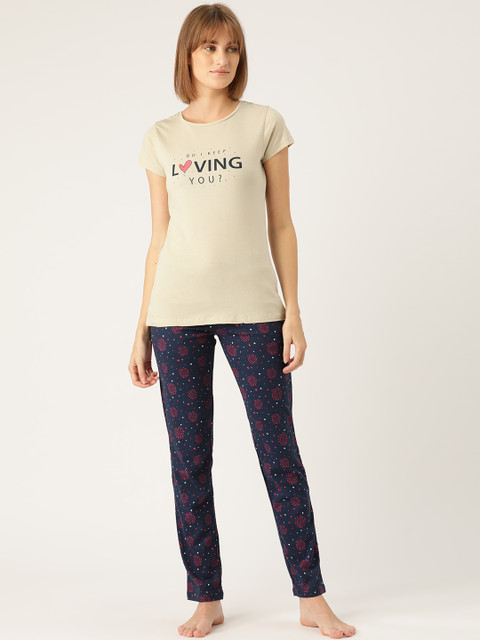 

Sweet Dreams Women Beige & Navy Blue Printed Night suit