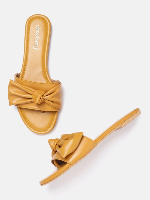 

DressBerry Women Mustard Yellow Solid Open Toe Flats with Bow Detail