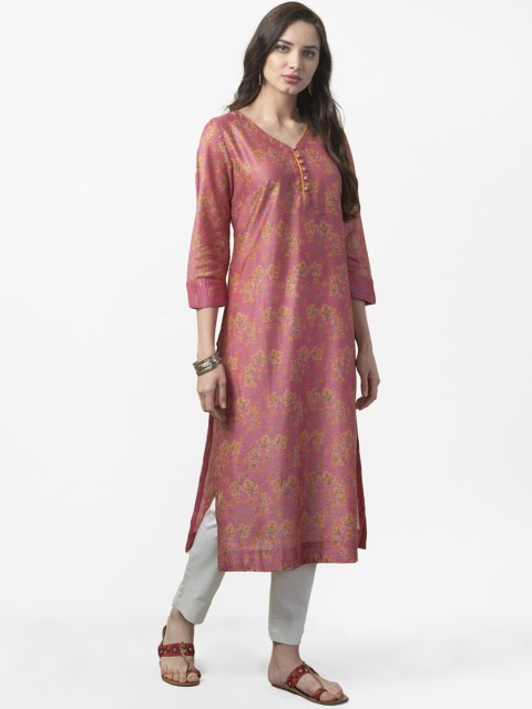 

Fabindia Women Pink & Mustard Yellow Printed Straight Kurta