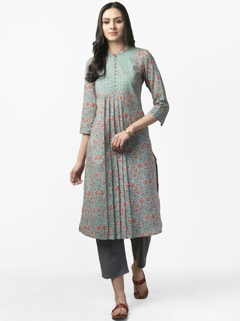 

Fabindia Women Green & Pink Hand block Print Dobby Weave A-Line Kurta