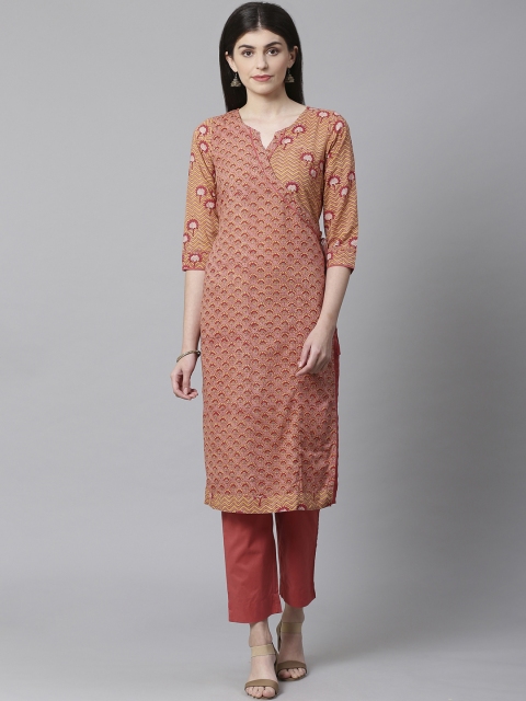 

Fabindia Women Dusty Pink & Yellow Printed Kurta with Trousers
