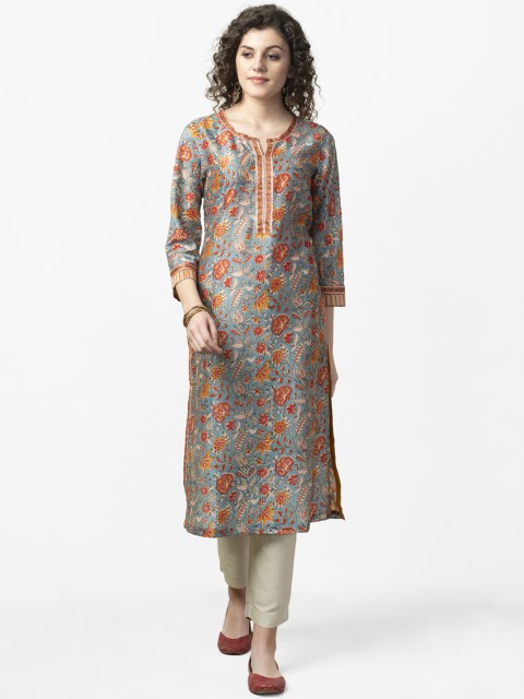 

Fabindia Women Blue & Orange Handblock Print Straight Kurta