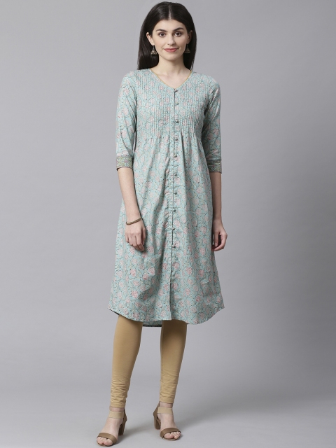 

Fabindia Women Blue & Rust Orange Floral Printed A-Line Kurta