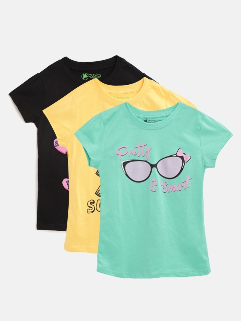 

YK Basics Girls Pack of 3 Printed Round Neck T-shirts, Black