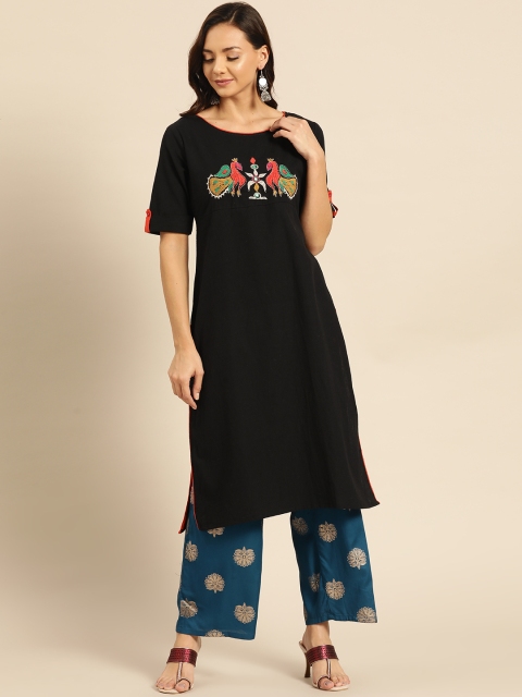 

RANGMAYEE Women Black Embroidered Detail Straight Kurta