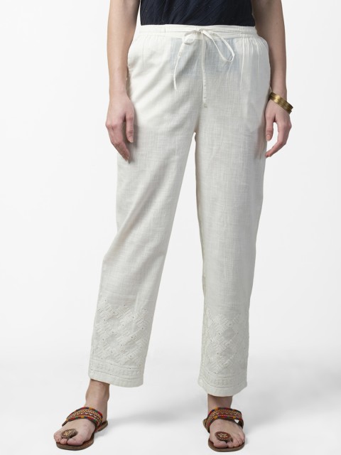 

Fabindia Women Off-White Chikankari Hem Design Regular Fit Solid Trousers
