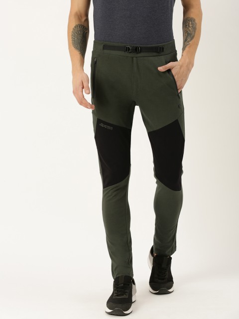 

Mens Olive Green and Black Slim Fit Color Blocked Trackpants