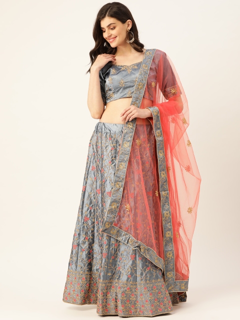 

Shaily Grey & Peach-Coloured Embroidered Semi-Stitched Lehenga & Unstitched Blouse with Dupatta