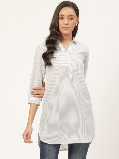 

Vaak Women White & Navy Blue Striped High-Low Pathani Style Tunic