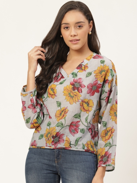 

Vaak Women Grey & Mustard Yellow Floral Print Top