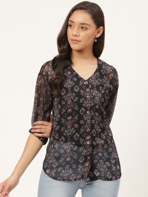 

Vaak Women Black & Rust Red Printed Top