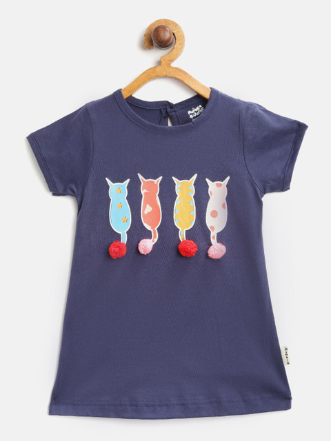 

Mumble Jumble Girls Navy Blue Printed Round Neck T-shirt with Pom Pom Detail