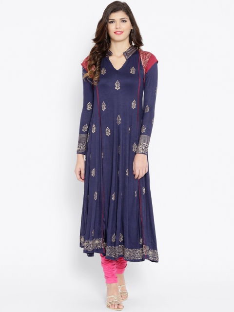 

Ira Soleil Navy Printed Knit Anarkali Kurta, Navy blue
