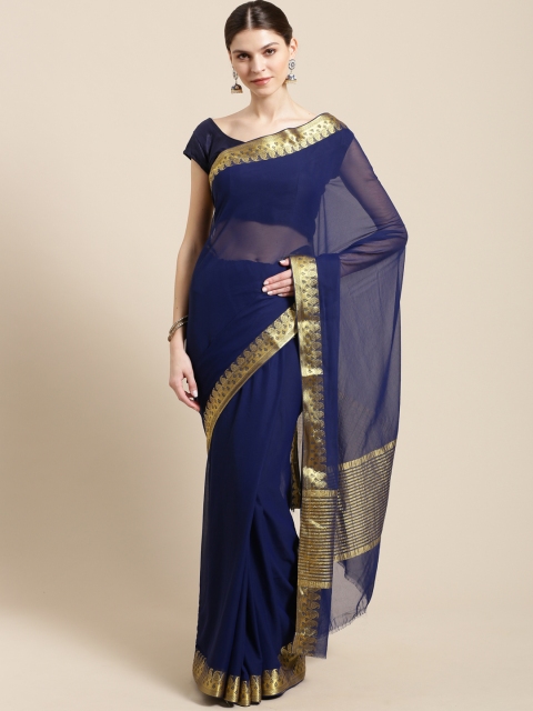 

Mitera Navy Blue Solid Zari Border Kanjeevaram Saree