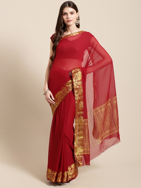 

Mitera Maroon & Golden Solid Kanjeevaram Saree