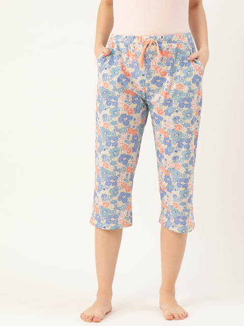 

9teenAGAIN Women Blue & Orange Floral Print Regular Fit Lounge Capris