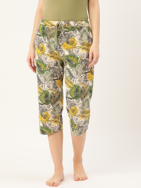 

9teenAGAIN Women Off-White & Green Tropical Print Regular Fit Lounge Capris