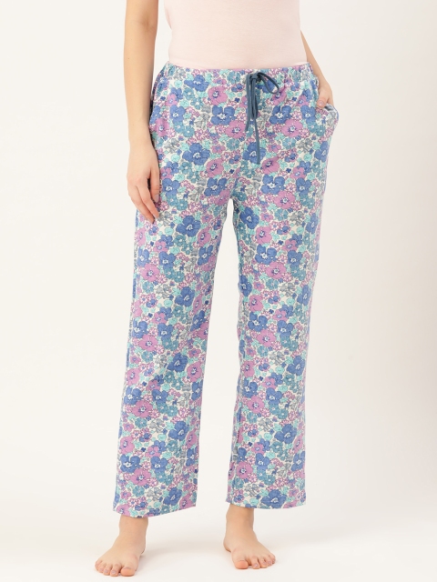 

9teenAGAIN Women White & Blue Printed Lounge Pants, Off white
