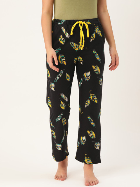 

9teenAGAIN Women Black & Yellow Leaf Print Lounge Pants