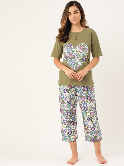 

9teenAGAIN Women Green & Off-White Printed Night suit