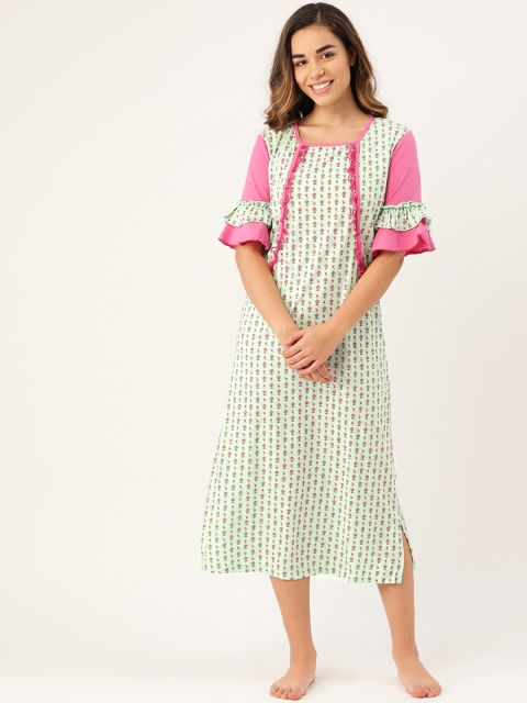 

9teenAGAIN Sea Green & Pink Floral Printed Nightdress